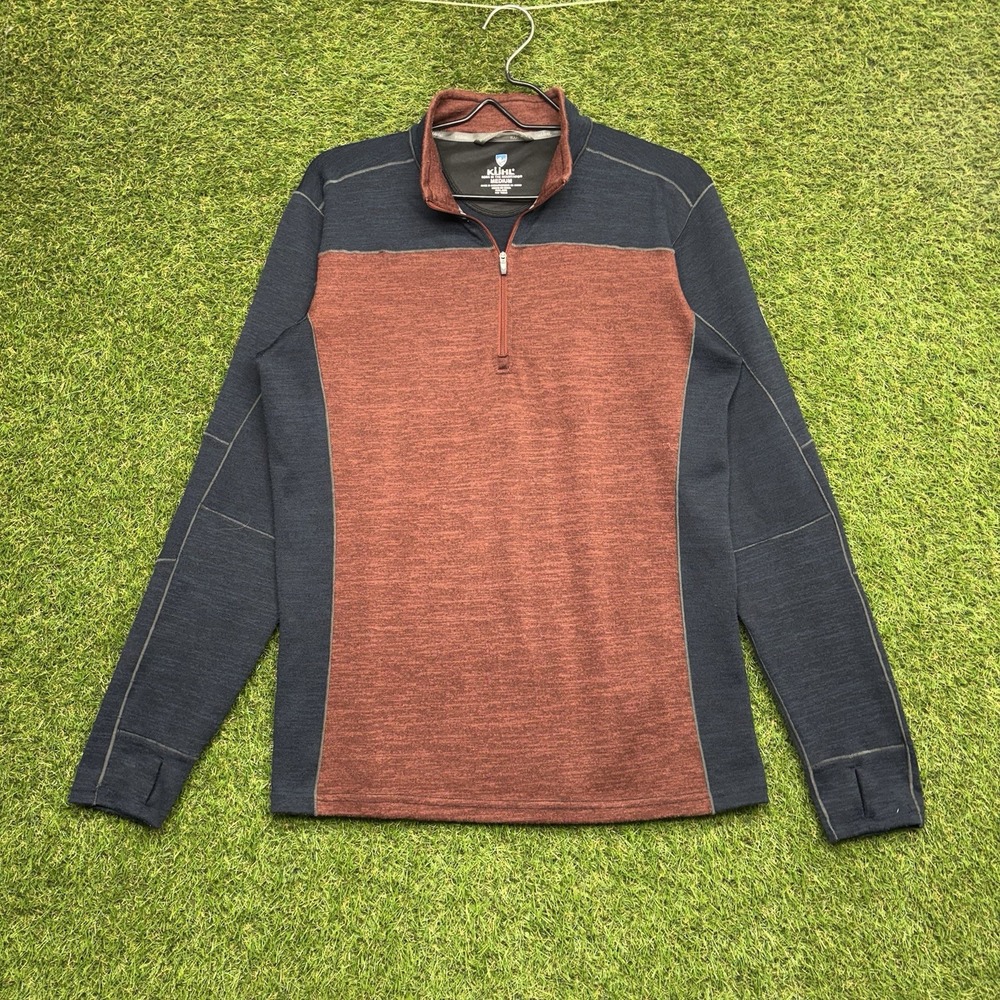 Kuhl Ryzer 1/4 Zip Shirt Mens Medium Blue Brown Thumb Loop Pullover Wool 3112